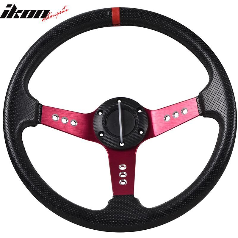 Universal 350MM PVC Steering Wheel Deep Dish Red Spoke Horn Button & Emblem