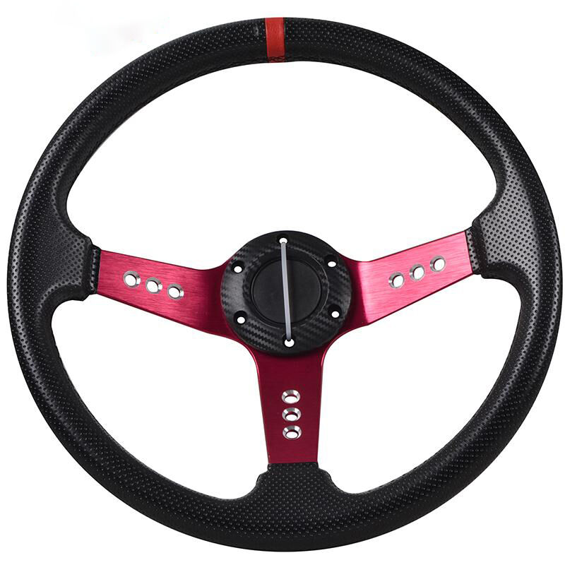 Universal 350MM PVC Steering Wheel Deep Dish Red Spoke Horn Button & Emblem - SW-8916B-RD-BK