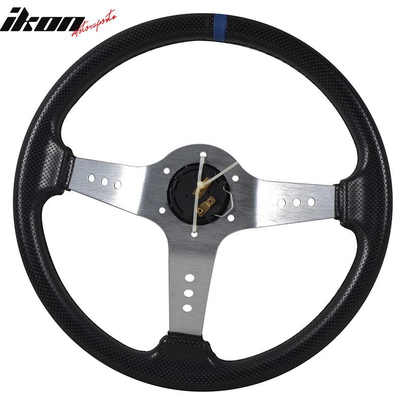 Universal 350MM PVC Steering Wheel Deep Dish Red Spoke Horn Button & Emblem