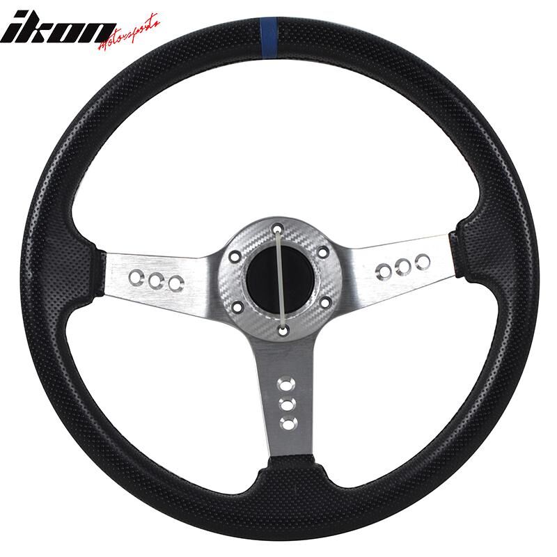 Universal 350MM PVC Steering Wheel Deep Dish Red Spoke Horn Button & Emblem