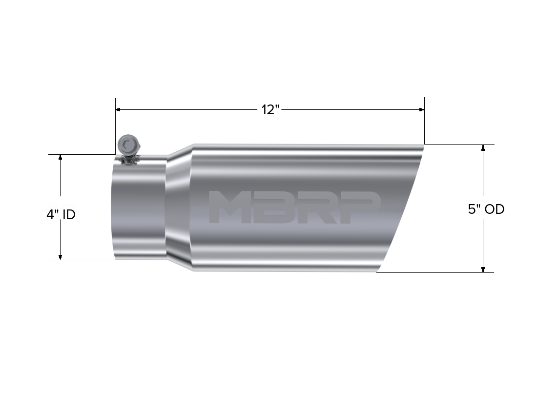 MBRP Exhaust T5052 Tip; 5in. O.D. Angled Single Walled 4in. inlet 12in. length; T304.