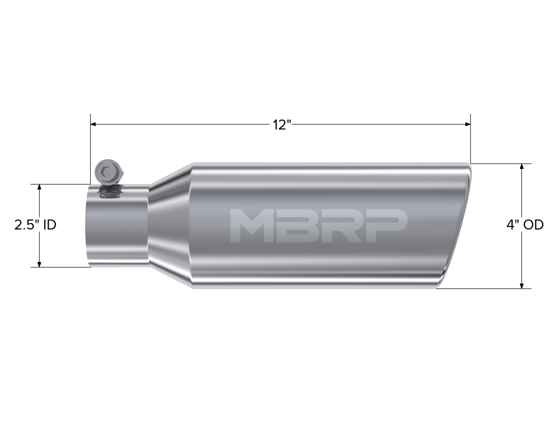 MBRP Exhaust 4in. OD; 2.5in. inlet; 12in. in length; Angled cut Rolled End; Clampless-no weld T304