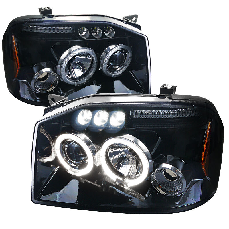 2001-2004 Nissan Frontier Halo LED Gloss-Black-Smoke Projector Headlights - 2LHP