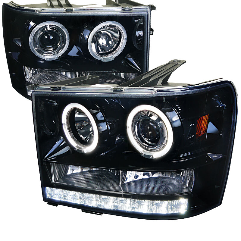 2007-2012 GMC Sierra Halo Gloss-Black-Smoke Projector Headlights - 2LHP-SIE07G-T