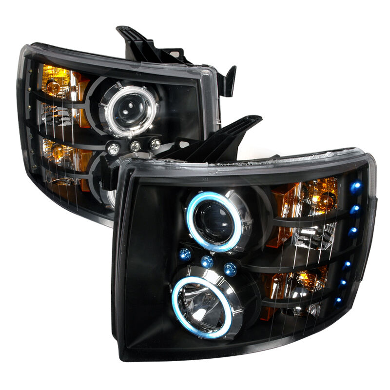 2007-2010 Chevy Silverado Black CCFL Halo Projector Headlights - 4LHP-SIV07JM-KS