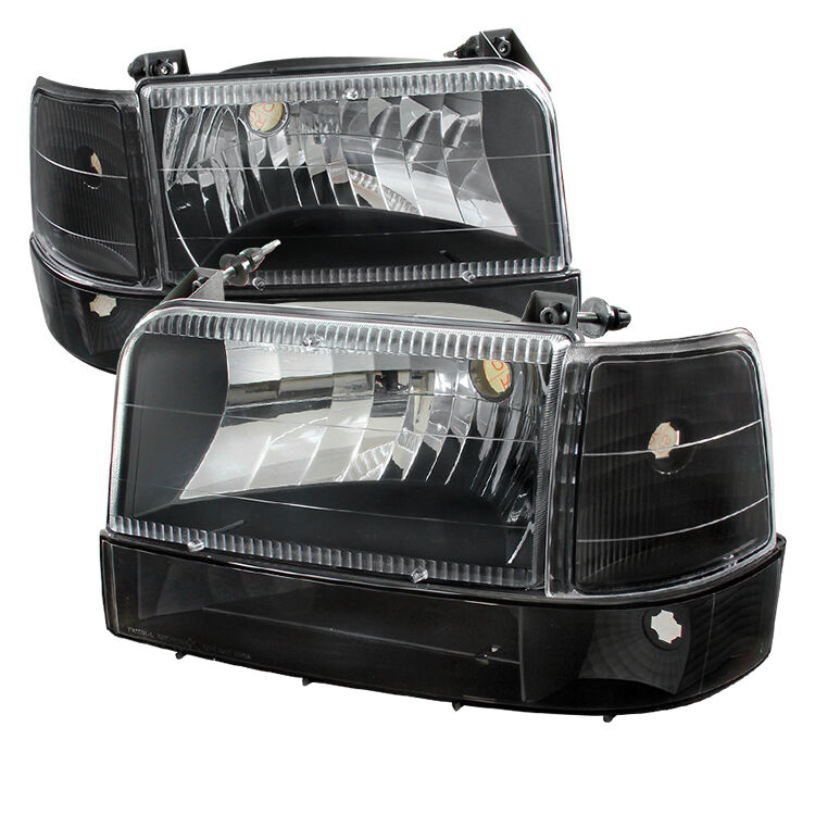 1992-1996 Ford F150 Black Euro Headlights + Corner + Bumper Lights-LBCLH-F15092J