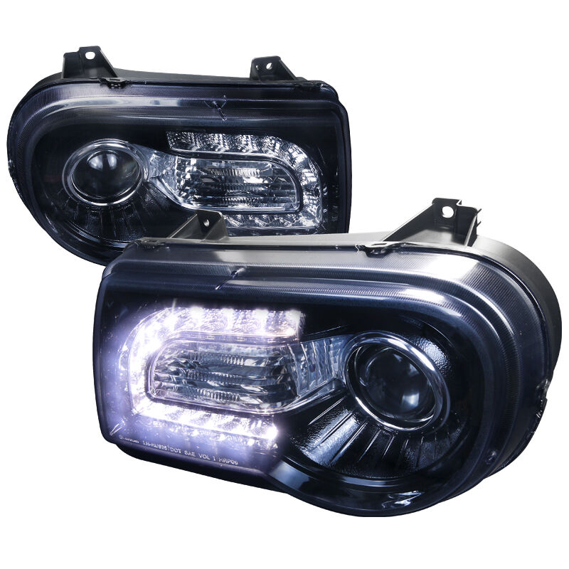 2005-2010 Chrysler 300c LED DRL Gloss-Black-Smoke Projector Headlights - LHP-300