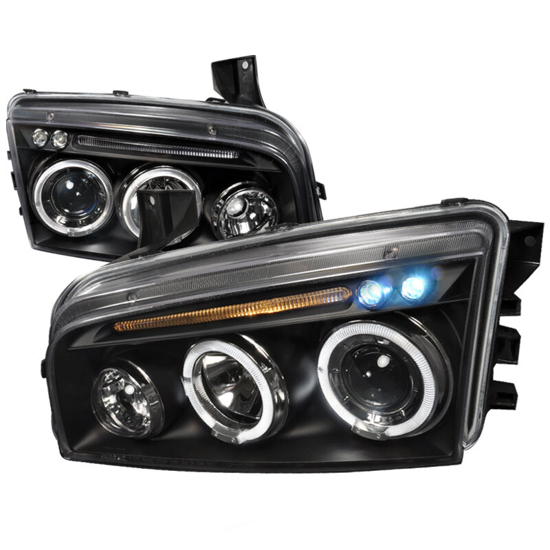2005-2010 Dodge Charger Halo LED Black Projector Headlights - LHP-CHG05JM-TM