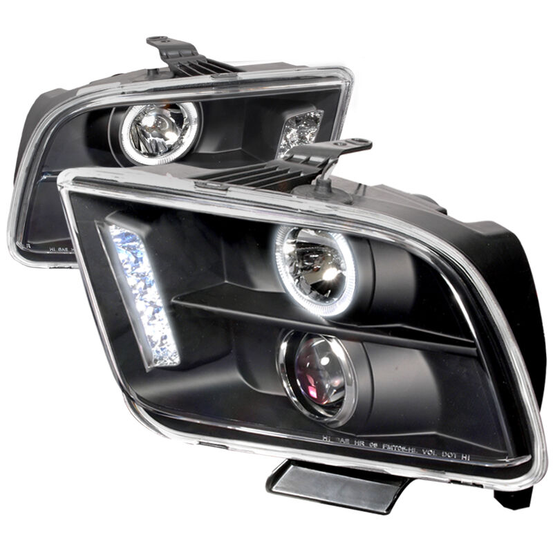 2005-2009 Ford Mustang Halo LED Black Projector Headlights - LHP-MST05JM-TM
