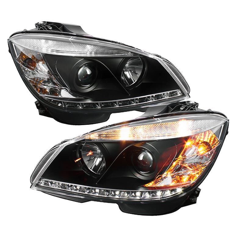 2008-2011 Mercedes Benz C-Class Black LED DRL Projector Headlights - 444-MBW2040