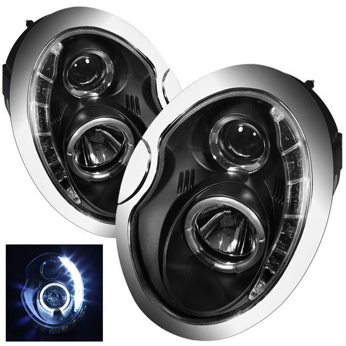 2002-2006 Mini Cooper Black LED DRL Projector Headlights - 444-MC02-DRL-BK