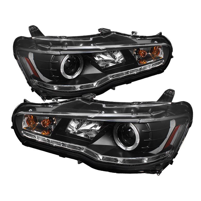 2008-2013 Mitsubishi EVO 10 Black Halo + LED DRL Projector Headlights - 444-ML08