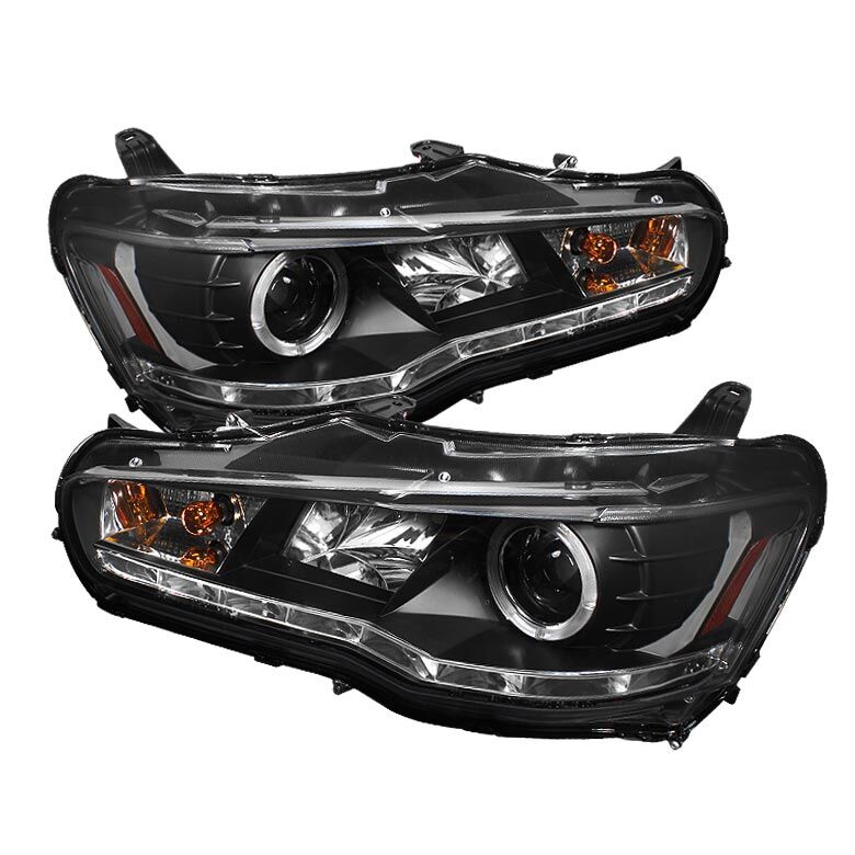 2008-2013 Mitsubishi Lancer Black Halo + LED DRL Projector Headlights - 444-ML08