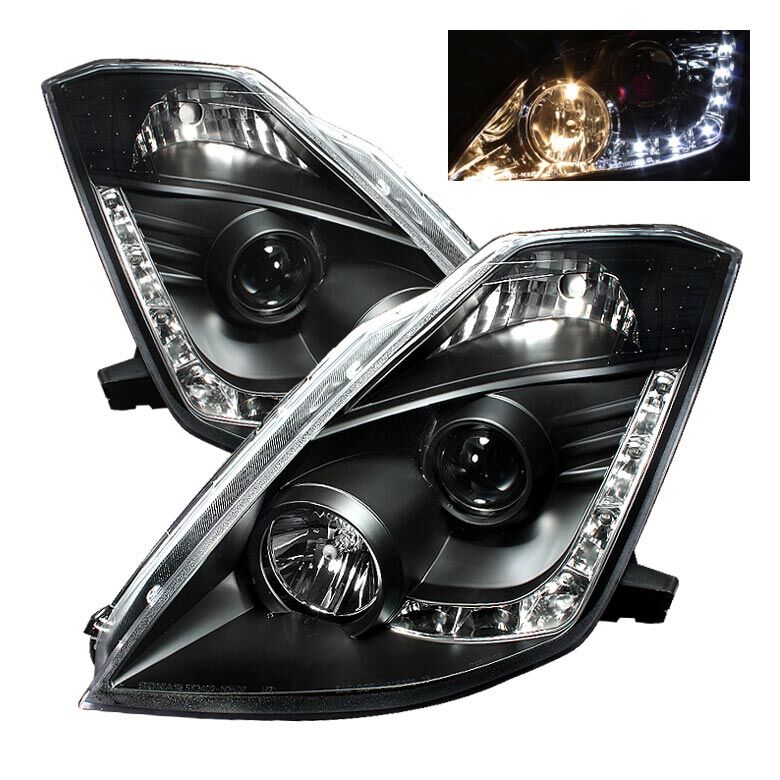 2003-2005 Nissan 350Z Black LED DRL Projector Headlights - 444-N350Z02-DRL-BK