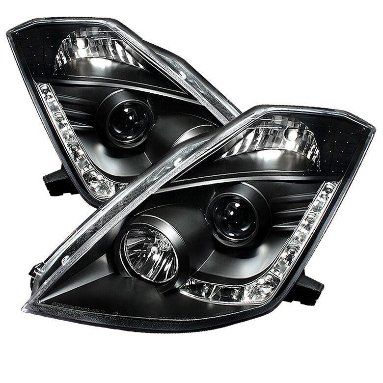2003-2005 Nissan 350Z Black LED DRL Projector Headlights - 444-N350Z02-HID-DRL-B