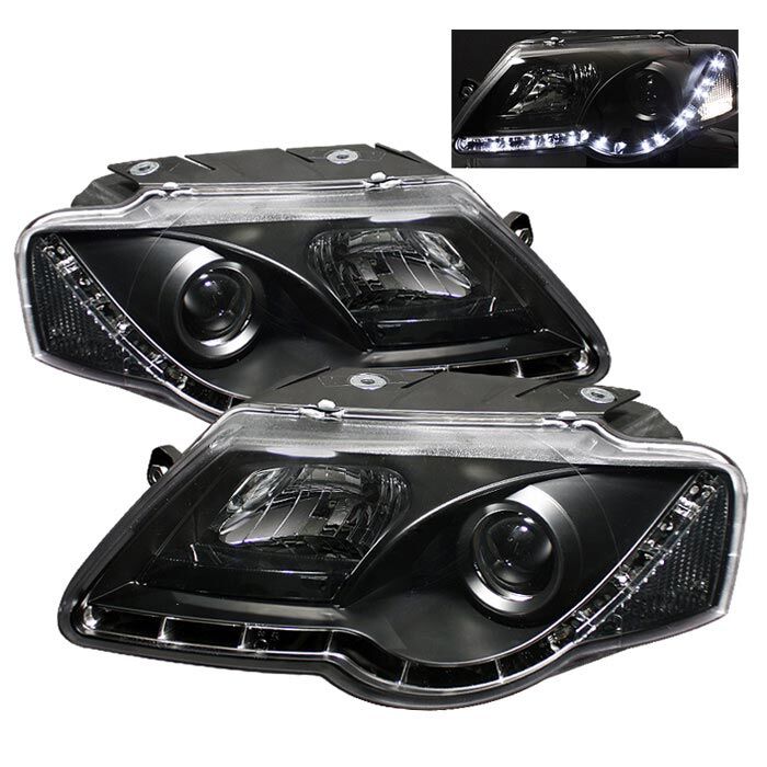 2006-2008 VW Passat Black LED DRL Projector Headlights - 444-VP06-DRL-BK