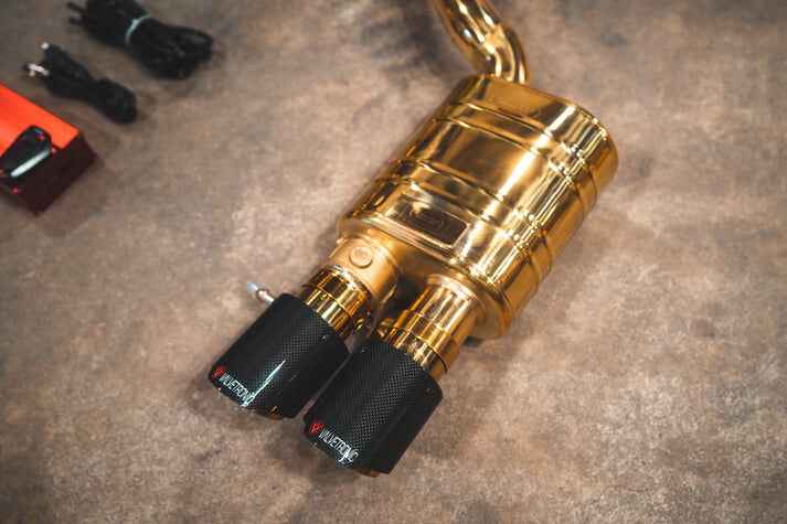 2010-2016 Audi B8, B8.5 S4, S5 3.0, 4.2L Catback T304 Stainless Steel Finished in Anodized Gold, Carbon Fiber 3.5 Inch Outlet Tips by Valvetronic Designs