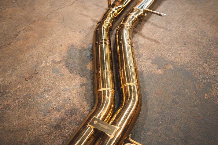2019-2025 Audi RSQ8 4.0L Catback T304 Stainless Steel Finished in Anodized Gold Reuses OEM Tips by Valvetronic Designs