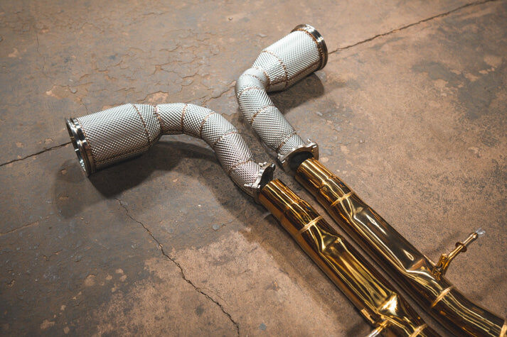 2019-2025 Audi RSQ8 4.0L Catback T304 Stainless Steel Finished in Anodized Gold Reuses OEM Tips by Valvetronic Designs
