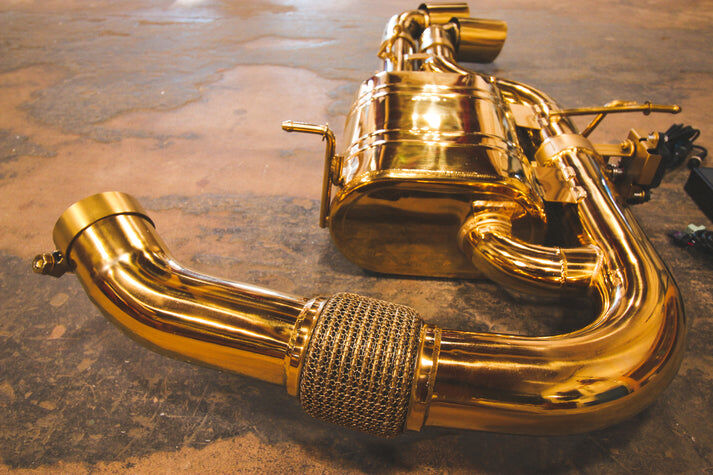 BMW i8 1.5L Full Exhaust System Anodized Gold T304 Stainless Steel Anodized Gold 3.5 Inch Outlet Tip by Valvetronic Designs
