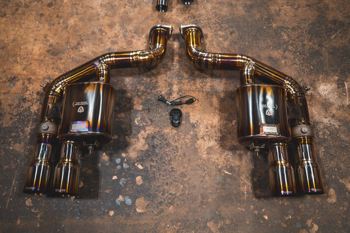 2006-2012 Ferrari 599 GTB Fiorano, 6.0L Full Exhaust System With Free Flow Headers, T304 Stainless Steel Finished in Anodized Gold, Titanium Bespoke OEM Style Valvetronic Tips by Valvetronic Designs