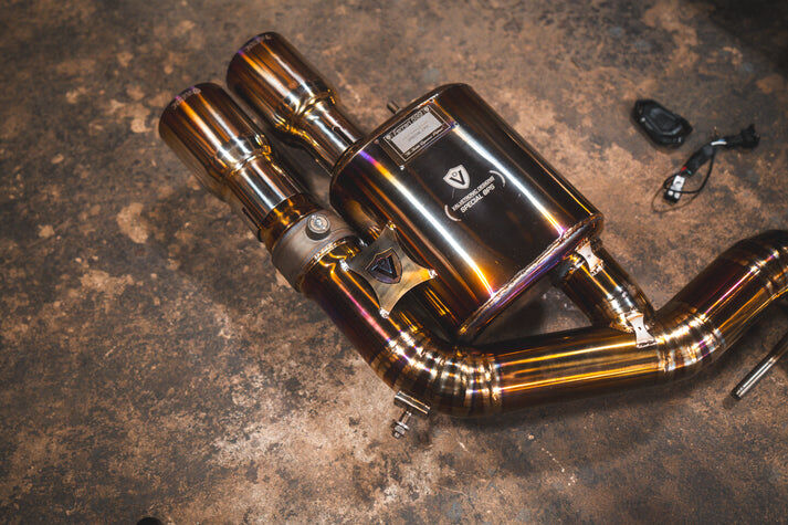 2006-2012 Ferrari 599 GTB Fiorano, 6.0L Full Exhaust System With Free Flow Headers, T304 Stainless Steel Finished in Anodized Gold, Titanium Bespoke OEM Style Valvetronic Tips by Valvetronic Designs