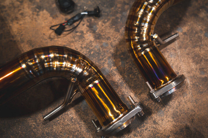 2006-2012 Ferrari 599 GTB Fiorano, 6.0L Full Exhaust System With Free Flow Headers, T304 Stainless Steel Finished in Anodized Gold, Titanium Bespoke OEM Style Valvetronic Tips by Valvetronic Designs