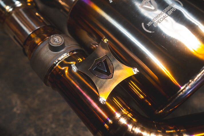 2006-2012 Ferrari 599 GTB Fiorano, 6.0L Full Exhaust System With Free Flow Headers, T304 Stainless Steel Finished in Anodized Gold, Titanium Bespoke OEM Style Valvetronic Tips by Valvetronic Designs