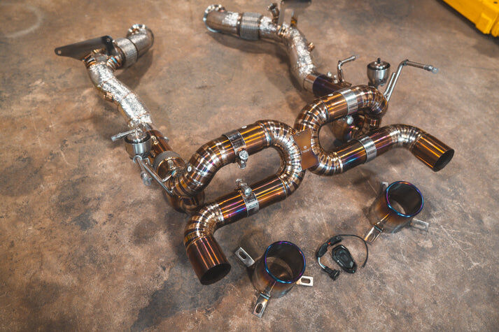 2019-2023 Ferrari F8 Tributo,Spider Full Exhaust System, Grade 5 Titanium Titanium Bespoke OEM Style Valvetronic Tips by Valvetronic Designs