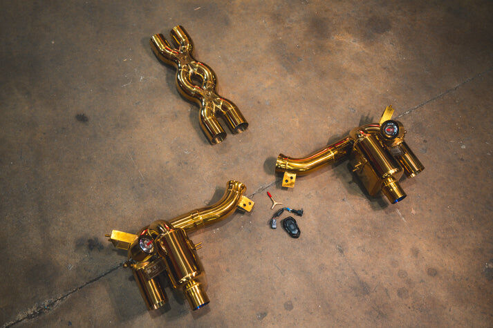 2016-2020 Ferrari GTC 4 Lusso 6.3L Catback T304 Stainless Steel Finished in Anodized Gold Bespoke OEM Style Tips by Valvetronic Designs