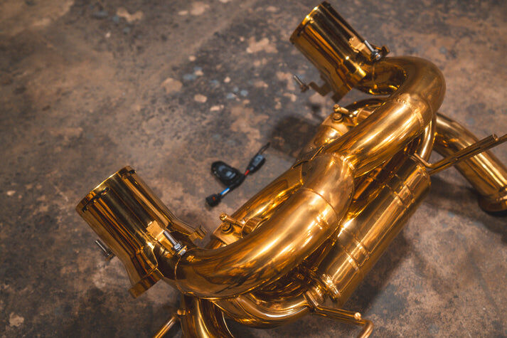 2018-2021 Lamborghini Aventador SVJ 6.5L Valved Catback Exhaust, T304 Stainless Steel Finished in Anodized Gold, Bespoke OEM Style Valvetronic Tips by Valvetronic Designs
