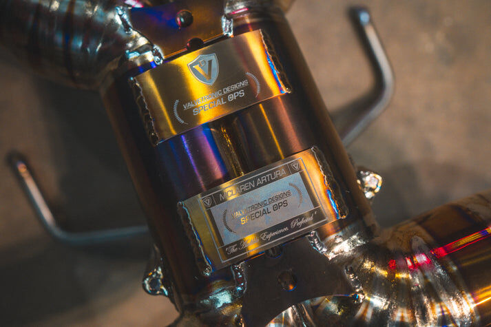 2022-2025 Maclaren Artura 3.0L, F1 Full Exhaust System, Grade 5 Titanium Titanium Bespoke 3.5 Inch Outlet Tips by Valvetronic Designs