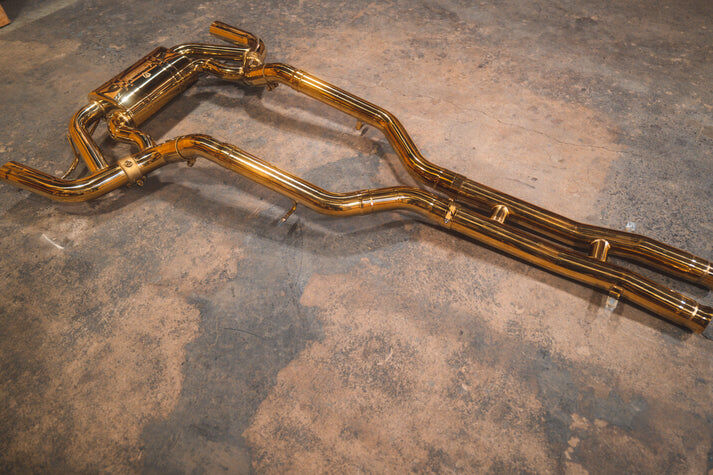 2015-2021 Mercedes-AMG GT 4.0L, Catback T304 Stainless Steel Finished in Anodized Gold Reuse OEM Tips by Valvetronic Designs