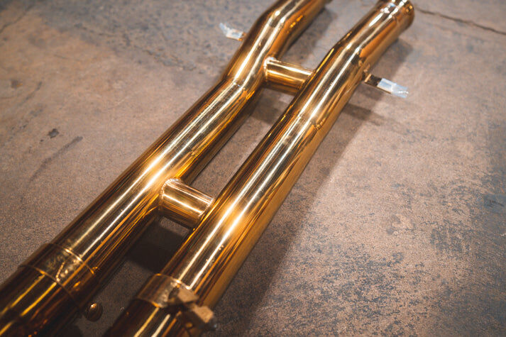 2015-2021 Mercedes-AMG GT 4.0L, Catback T304 Stainless Steel Finished in Anodized Gold Reuse OEM Tips by Valvetronic Designs