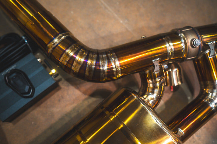 2020-2025 Toyota A90 Supra 3.0L, Catback T304 Stainless Steel Finished in Anodized Gold, Gold 5.0 Inch Outlet Tips by Valvetronic Designs