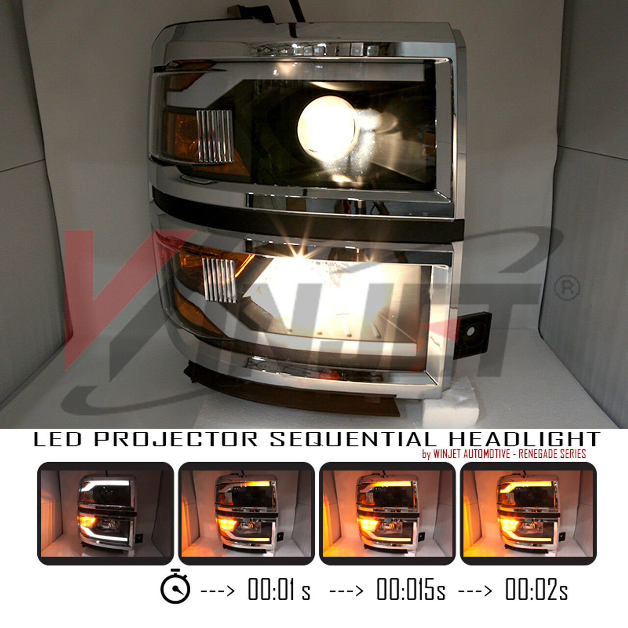 2014-2015 Chevrolet Silverado 3500 HD Renegade Style Black/Clear Projector LED HeadLights with Sequential Turn Signal