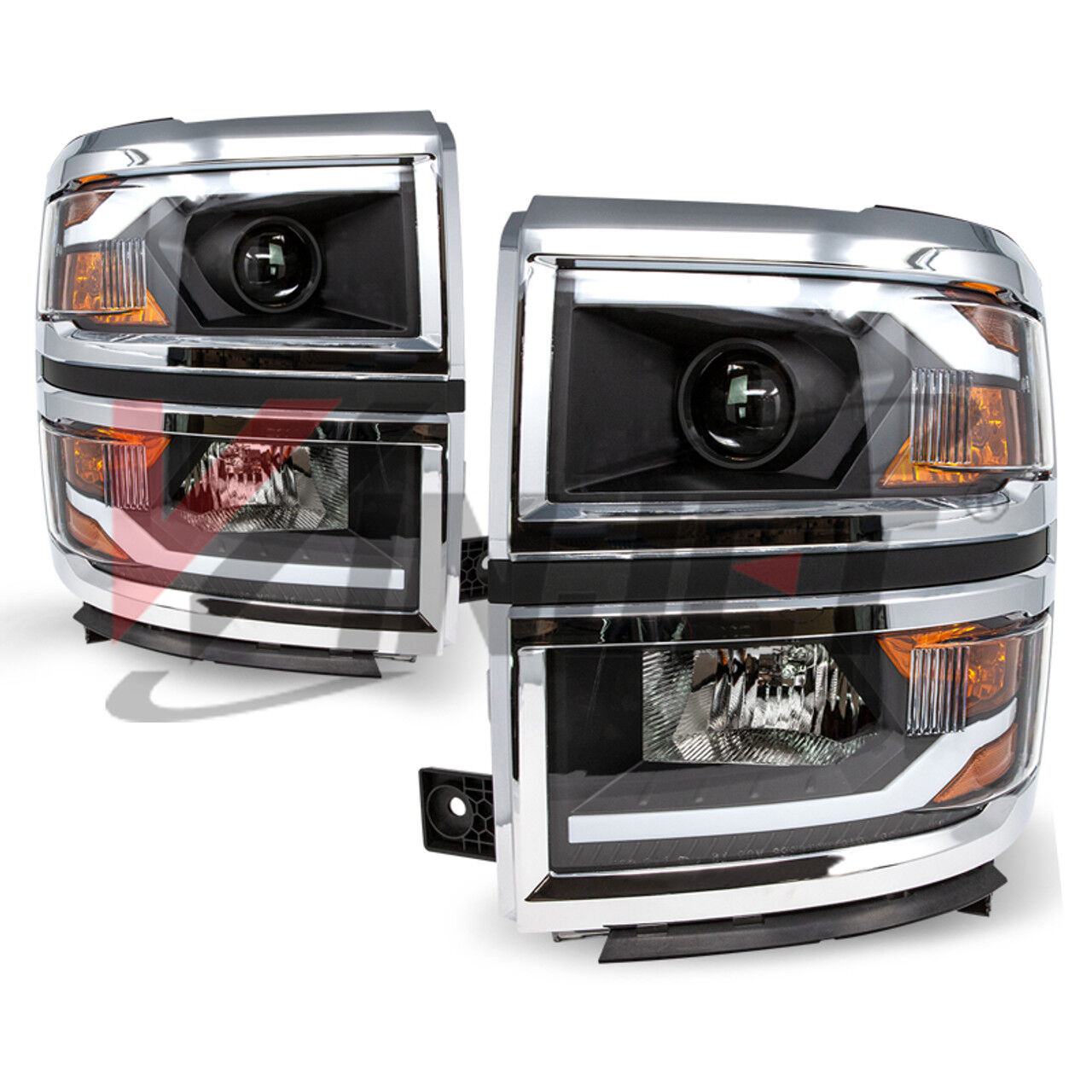 2014-2015 Chevrolet Silverado 3500 HD Renegade Style Black/Clear Projector LED HeadLights with Sequential Turn Signal - CHRNG0382C-B-SQ