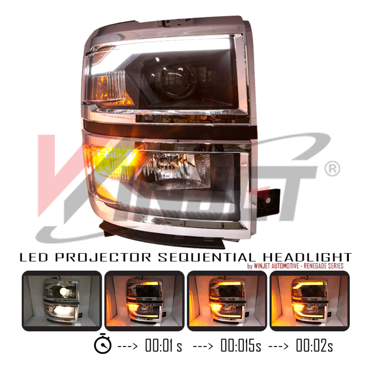 2014-2015 Chevrolet Silverado 3500 HD Renegade Style Black/Clear Projector LED HeadLights with Sequential Turn Signal