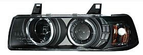 1992-1998 BMW E36 4dr Halo Projector Headlights w/ Amber - Black - 02-AZ-B392-PBC-4D-G2-R-A