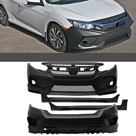 2016-2021 Honda Civic Sedan Front + Rear Bumper Cover + Side Skirts Body Kit - 8-BLK-HC16C-PP