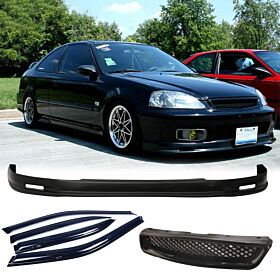 1999-2000 Honda Civic Mugen Style Front Bumper Lip + Front Grille + Sun Window Visor Combo  - CB-A004711