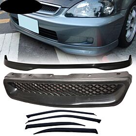 1999-2000 Honda Civic T-R Style Front Bumper Lip + Front Grille + Sun Window Visor Combo  - CB-A004712