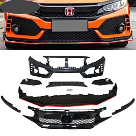 2016-2021 Honda Civic Type R Style Front Bumper + Grille + Lip Black - CB-A011379