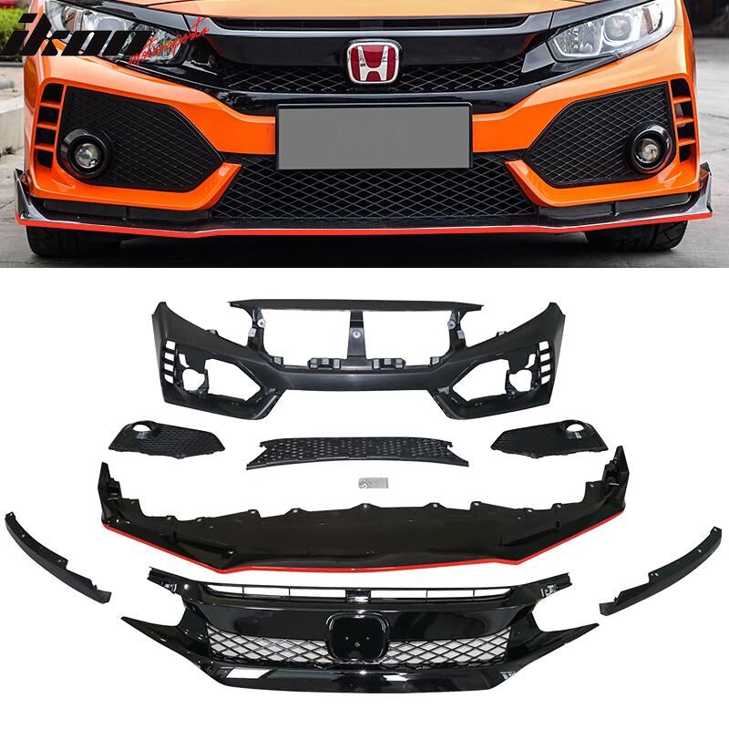 2016-2021 Honda Civic Type R Style Front Bumper + Grille + Lip Black ...