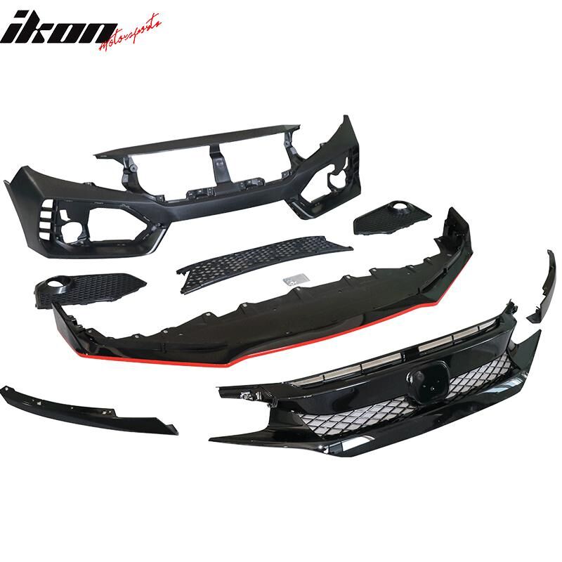 2016-2021 Honda Civic Type R Style Front Bumper + Grille + Lip Black ...