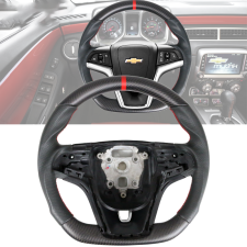 2012-2015 Chevrolet Camaro Matte Carbon Fiber & Leather Steering Wheel Stitching Indicator  - SW-CC12-MCFPFL-RD-RD