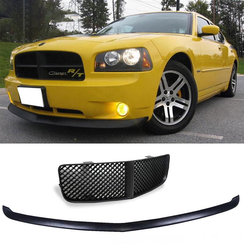 2005-2010 Dodge Charger Polyurethane OEM Datona Type Style Front Bumper Lip + Mesh Grille Combo Black  - CB-A001413