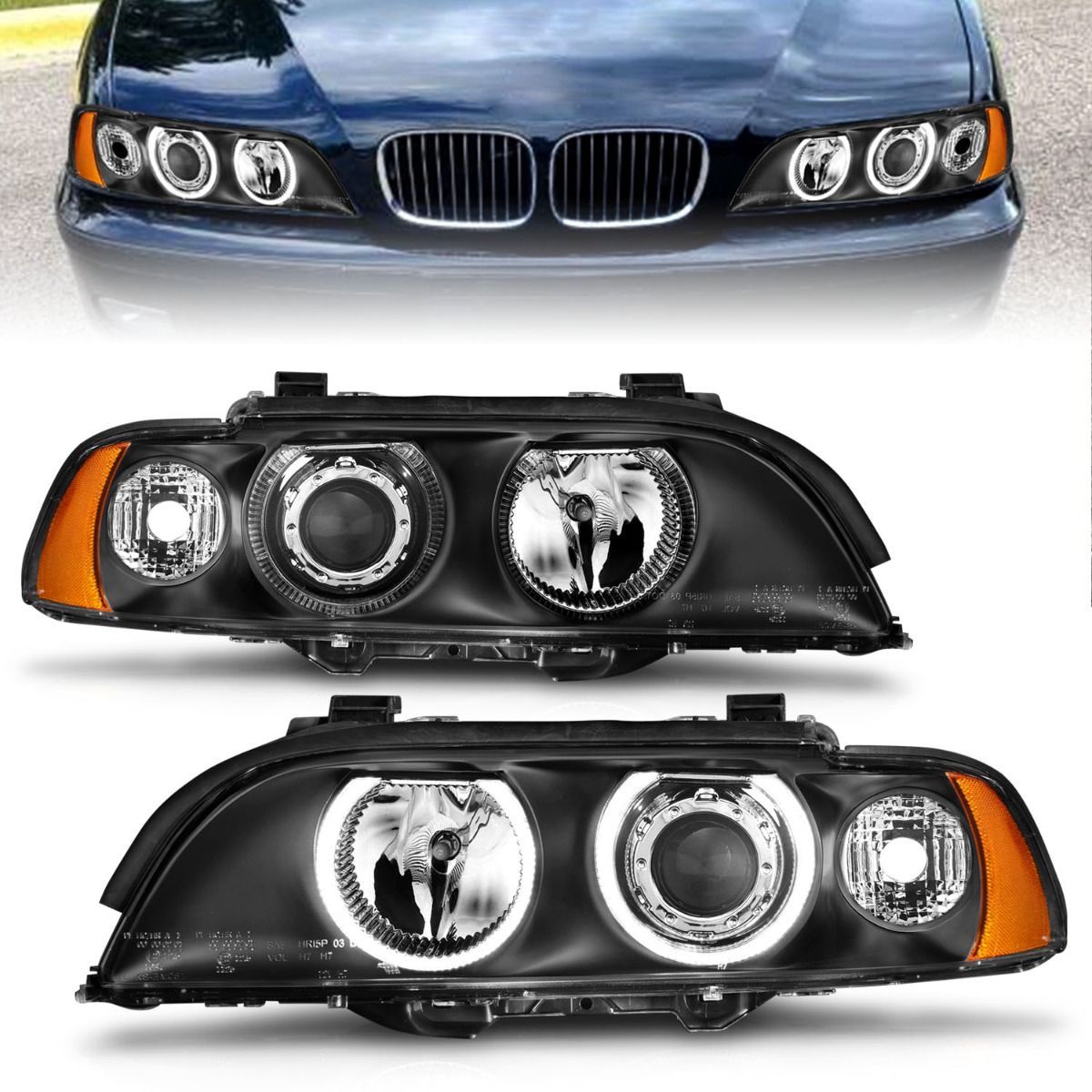 1997-2001 BMW E39 JDM Black Projector Headlights w/ Dual Halo - 02-AZ ...